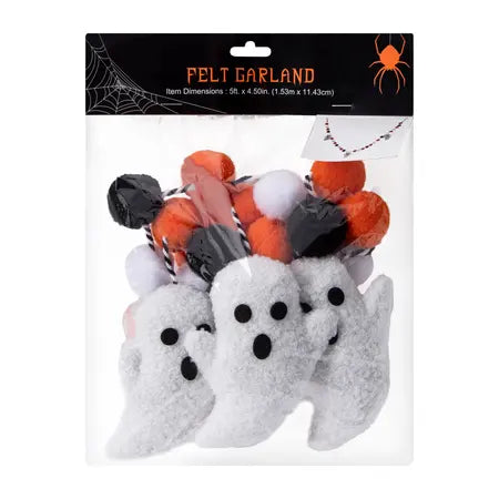 Packaged 5 ft Halloween felt garland with white ghost decorations and orange, black and white round accents sold by LFG Energy Club.