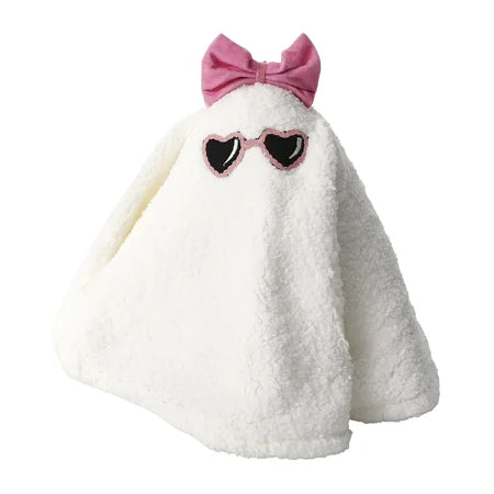 Front view of a white Halloween ghost pillow wearing a pink bow and black heart-shaped sunglasses with pink trim sold by LFG Energy Club.