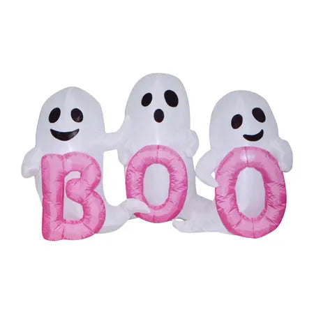 Halloween inflatable Boo decoration featuring three white ghosts holding large pink BOO letters, available at LFG Energy Club.