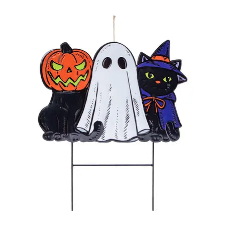 Halloween metal yard stake featuring a jack-o’-lantern pumpkin, white ghost and black cat character, available at LFG Energy Club.