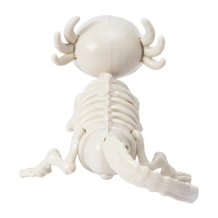 Back view of the Halloween skeleton axolotl decoration showing its curved gills, spine and tail sold by LFG Energy Club.