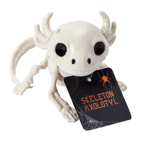 Front view of the white skeleton axolotl Halloween decoration with its product tag visible sold by LFG Energy Club.