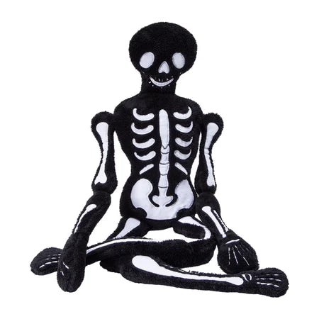Front view of the Halloween skeleton body pillow displayed sitting with its legs positioned in front sold by LFG Energy Club.