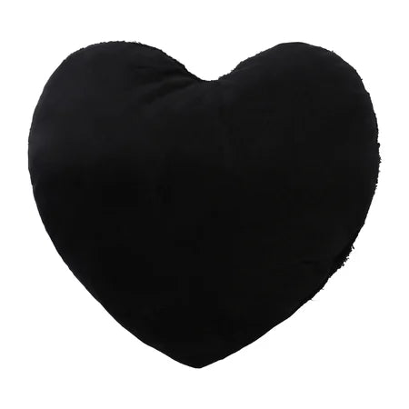 A black heart-shaped plush throw pillow with a soft, fuzzy texture, isolated on a solid white background sold by LFG Energy Club