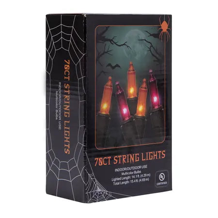 Angled package view of the 70-count multicolor Halloween string lights with the bulb design visible sold by LFG Energy Club.
