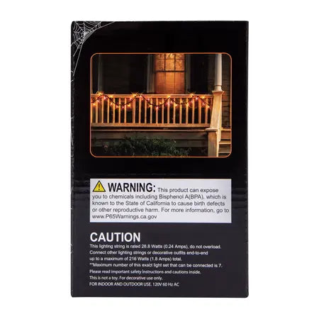 Back package view of the Halloween string lights showing a seasonal balcony display and printed product information sold by LFG Energy Club