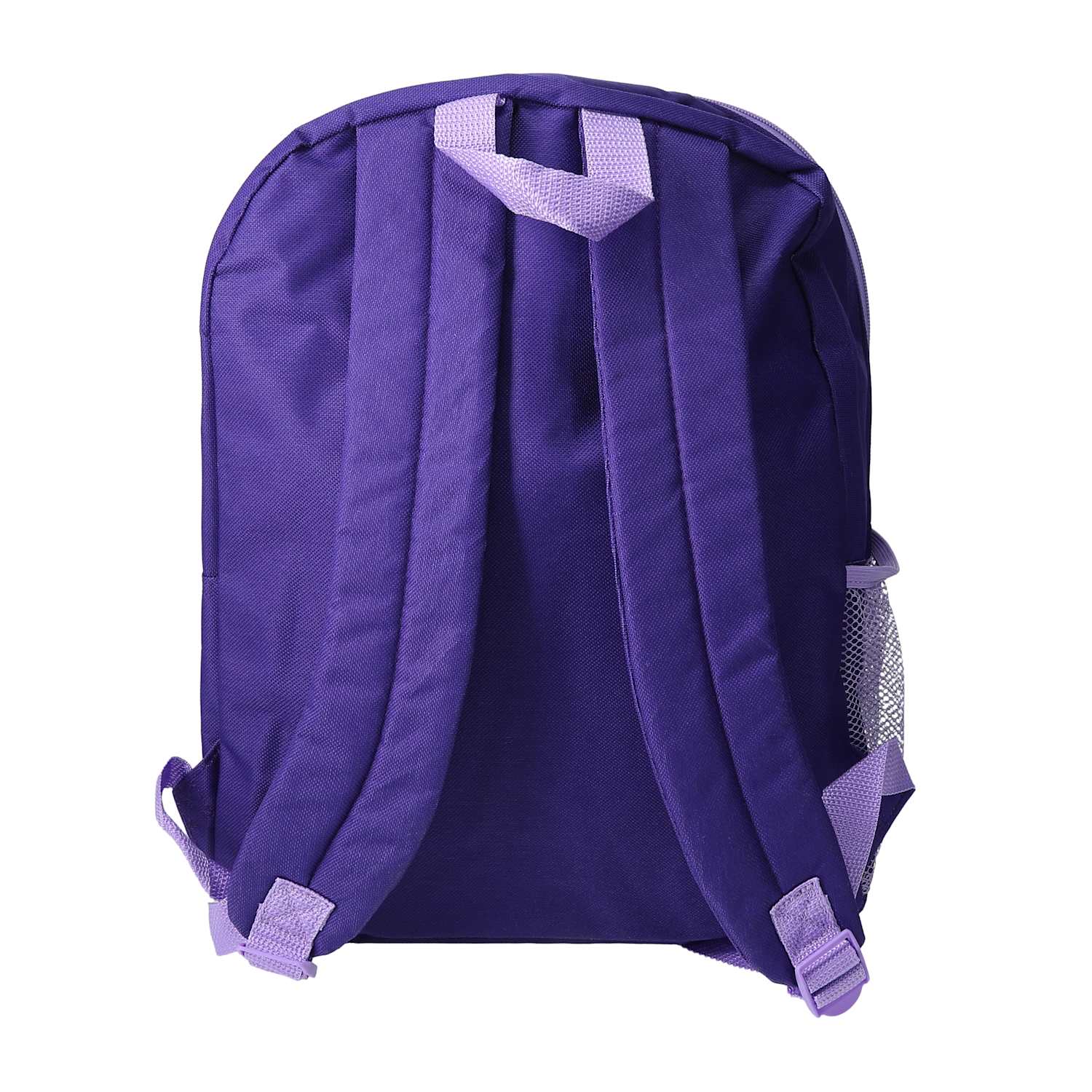 Back view of the purple HUNTR/X backpack showing the shoulder straps and rear design for comfortable school use from LFG Energy Club.