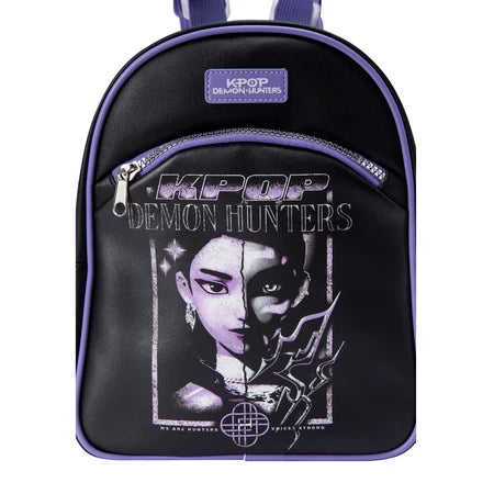 Straight-on view of the KPop Demon Hunters mini backpack showing the front logo, split-face character graphic, purple piping and zipper details sold by LFG Energy Club.