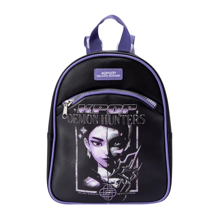 Front view of a black KPop Demon Hunters graphic mini backpack with purple trim, a top handle and a zippered front pocket sold by LFG Energy Club.