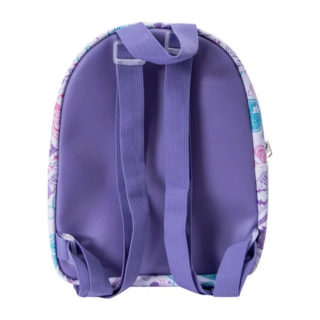 Back view of the KPop Demon Hunters HUNTR/X mini backpack showing its purple top handle, two shoulder straps and colorful printed side panels sold by LFG Energy Club.