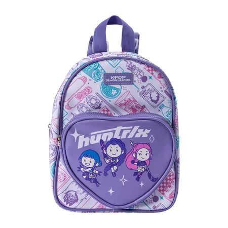 Front view of a purple KPop Demon Hunters HUNTR/X mini backpack with chibi Rumi, Mira and Zoey artwork on a heart-shaped front pocket sold by LFG Energy Club.