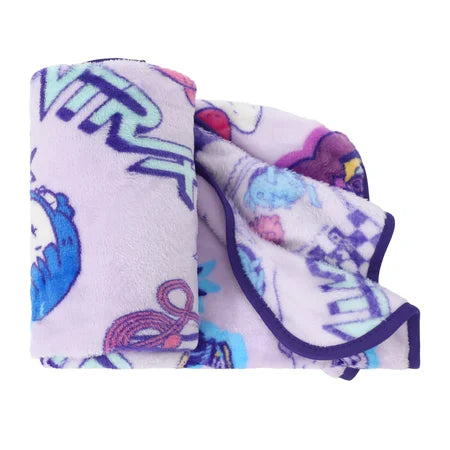 Folded KPop Demon Hunters plush blanket showing its microfiber texture, printed design and dark-purple bound edge sold by LFG Energy Club