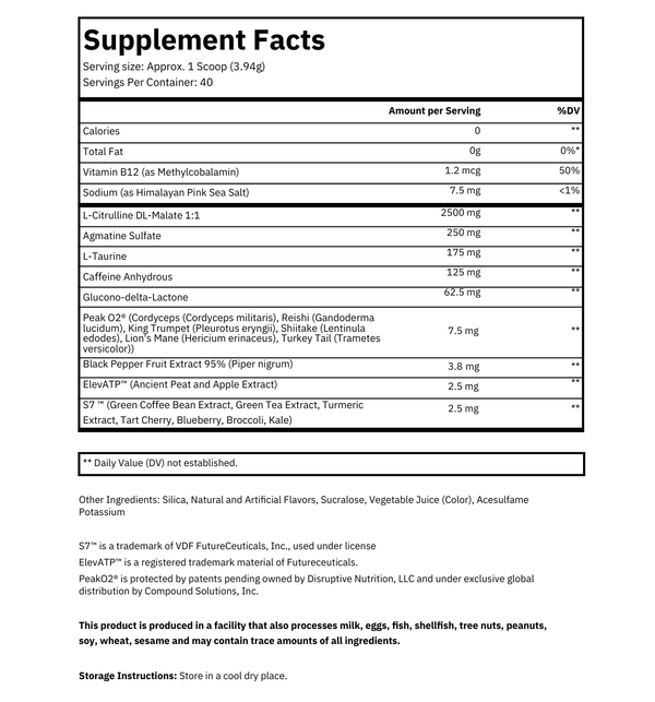 LFG Energy Club Sunset Surge Supplement Facts label showing detailed nutritional information, including 40 servings per container, key ingredients like L-Citrulline DL-Malate, Caffeine Anhydrous, PeakO2®, ElevATP®, and S7™ for energy, hydration, focus, and performance. Also highlights the inclusion of Vitamin B12, Himalayan Pink Sea Salt, and natural adaptogens for optimized gaming and fitness.
