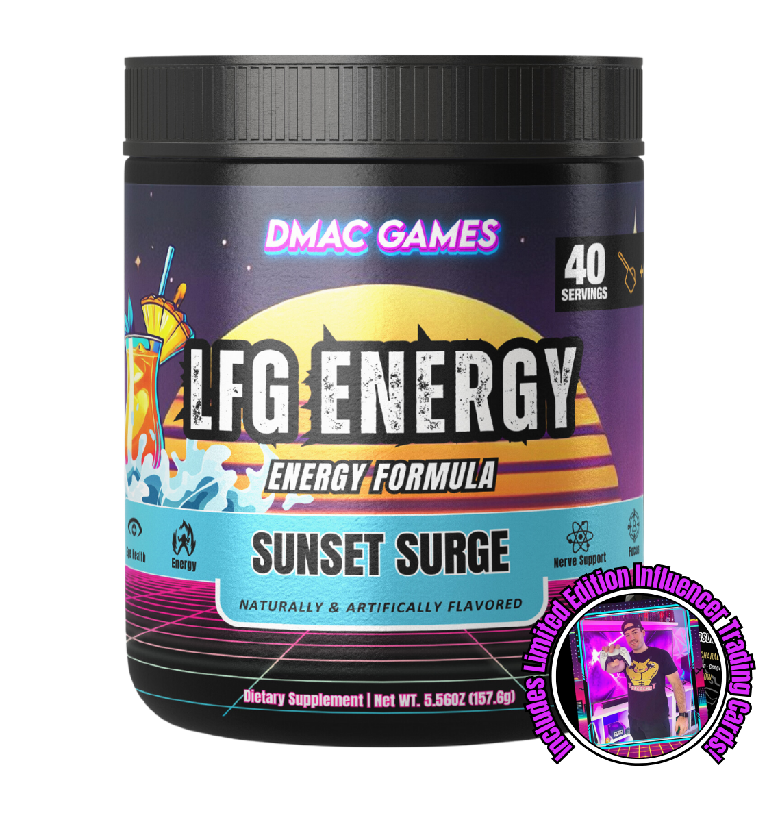 LFG Energy Sunset Surge energy drink by DMAC GAMES, designed for gamers and fitness enthusiasts. Features a retro-inspired design with vibrant purple and gold tones, packed with 40 servings of focus, energy, nerve support, and hydration benefits. Perfect for peak performance with a naturally and artificially flavored tropical punch taste.