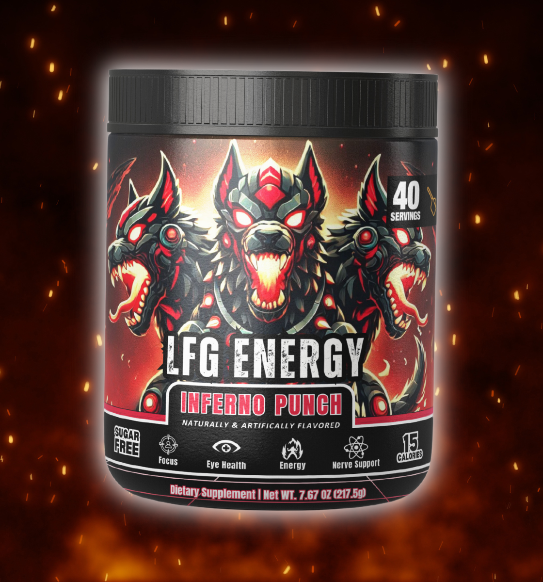 Triple-headed Cerberus-inspired LFG Energy Club Inferno Punch pre-workout supplement container featuring vibrant red and black colors with fiery accents, promoting focus, eye health, energy, and nerve support for gamers and fitness enthusiasts. Sugar-free, 15 calories, 40 servings per container, naturally and artificially flavored, intense branding for an energized workout.