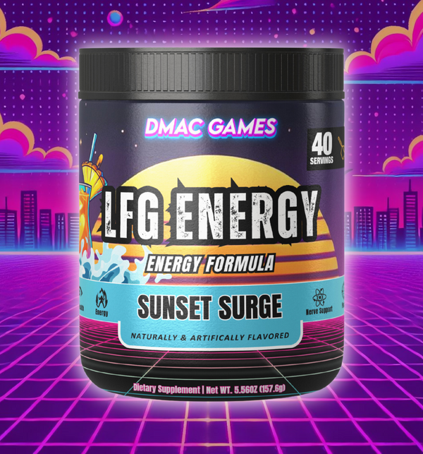 LFG Energy Sunset Surge Energy Formula by DMAC Games - 40 servings of naturally & artificially flavored energy drink mix with nerve support. Perfect for gamers seeking focus and energy boost.