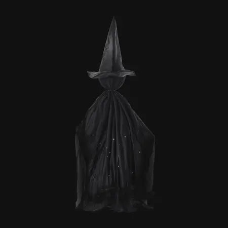 Illuminated view of the black Halloween witch decoration displayed against a dark background sold by LFG Energy Club.