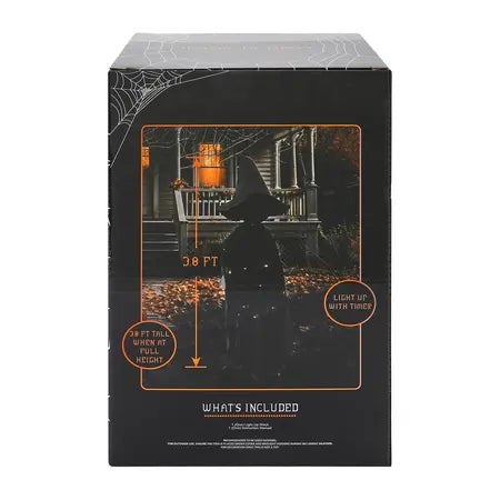Package view of the light-up Halloween witch showing a seasonal display example and printed product details sold by LFG Energy Club.