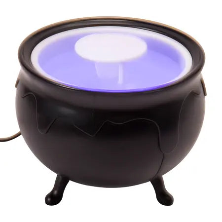 Black Halloween mist cauldron featuring a glowing light and mist maker effect, available at LFG Energy Club.