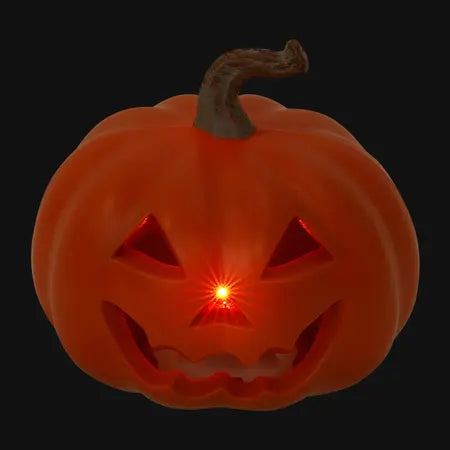 Orange mini jack-o’-lantern pumpkin shown illuminated with its LED light-up feature, available at LFG Energy Club.