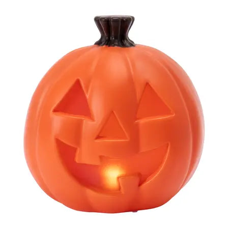 Orange jack-o’-lantern pumpkin head shown illuminated with an LED light-up effect, available at LFG Energy Club.