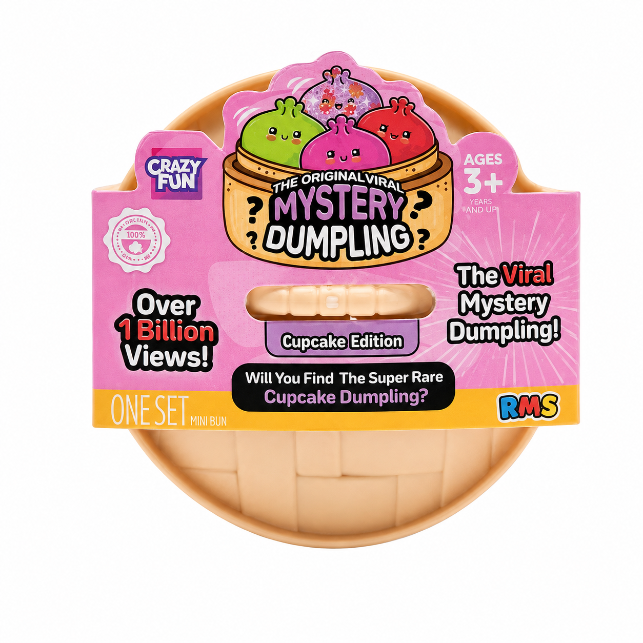RMS Crazy Fun The Original Viral Mystery Dumpling Cupcake Edition mini box, featuring a pink cardboard sleeve with cartoon dumpling illustrations and a beige plastic dumpling basket visible at the bottom sold at LFG Energy Club