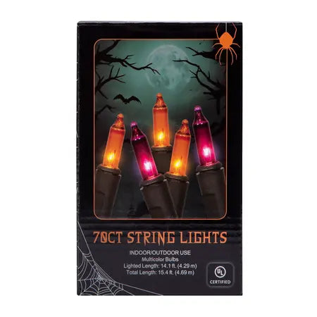 A 70-count string of Halloween-style string lights in a black retail box. The front of the packaging shows six illuminated bulb examples in orange, yellow, and pink/red tones against a spooky moonlit background with bats and bare branches sold by LFG Energy Club