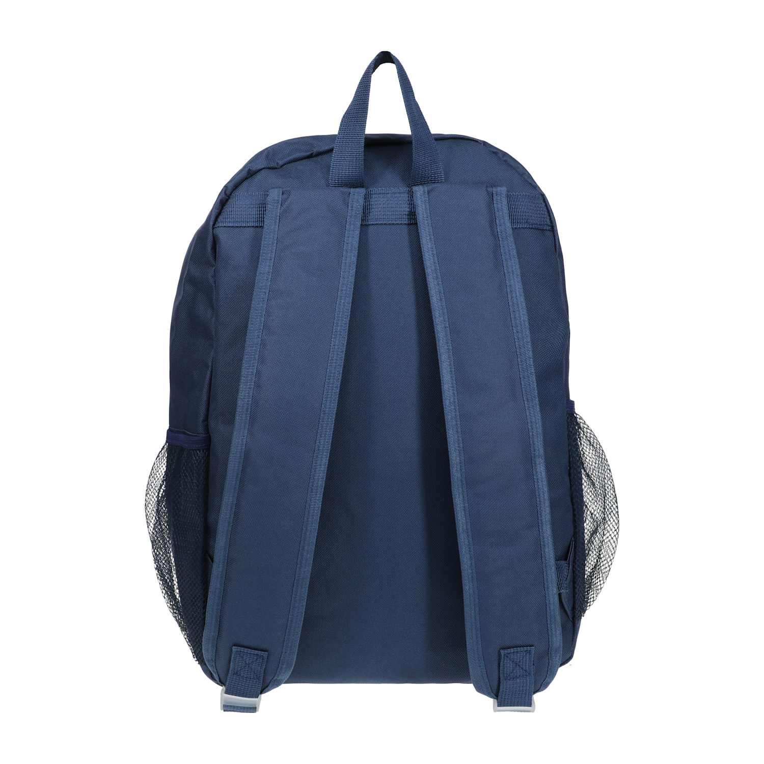 Back view of the navy blue school backpack with adjustable shoulder straps and a top carrying handle from LFG Energy Club.
