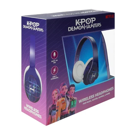 Angled view of the Netflix KPop Demon Hunters wireless headphones inside purple HUNTR/X retail packaging sold by LFG Energy Club.