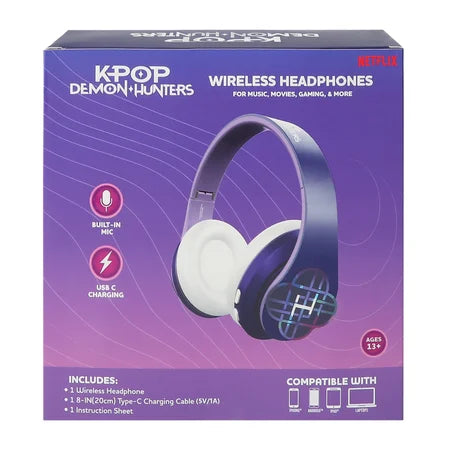 Back view of the Netflix KPop Demon Hunters wireless headphones packaging showing the purple-and-white product design and printed product information sold by LFG Energy Club.