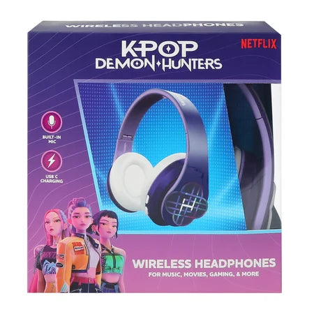Front view of the Netflix KPop Demon Hunters wireless headphones packaging with the headphones and HUNTR/X character artwork visible sold by LFG Energy Club