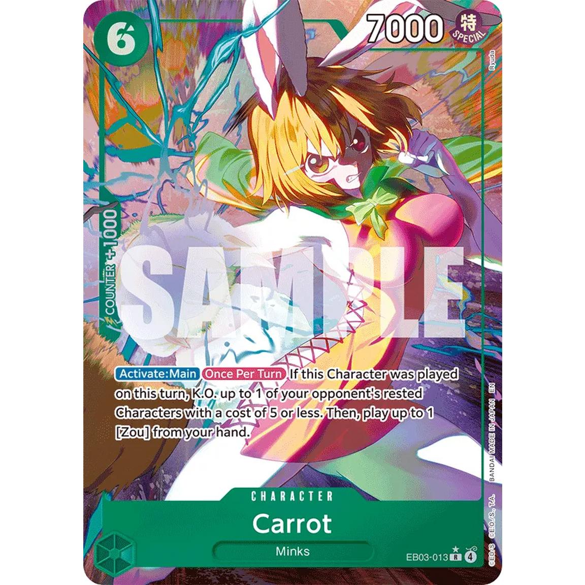 Card featuring an animated character with colorful design and text. One Piece Card Game: Heroines Edition Extra Booster Pack (EB-03). Carrot from One Piece by LFG Energy Club