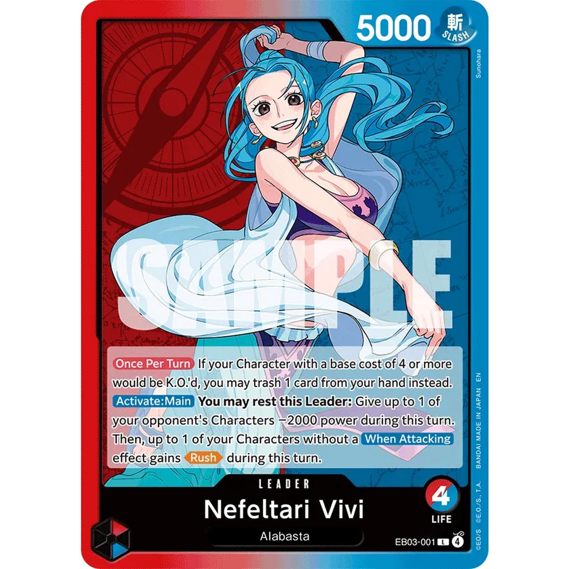 Trading card featuring a character Nefeltari Vivi from One Piece with blue hair and a red and blue background sold by LFG Energy Club