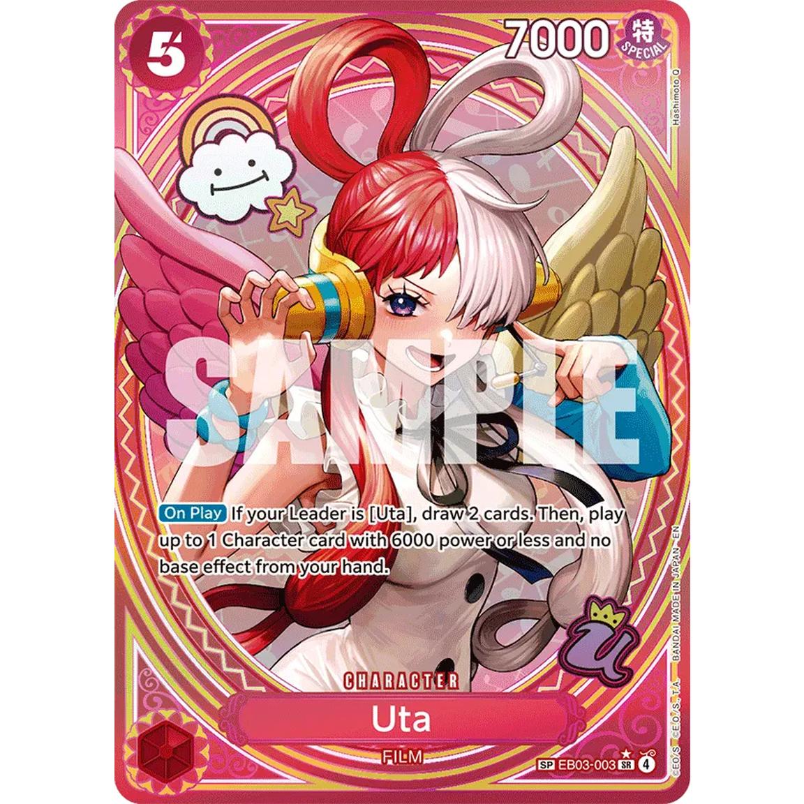 Card featuring an animated character  Uta from One Piece with red hair and a sword, with text and graphics on a white background.