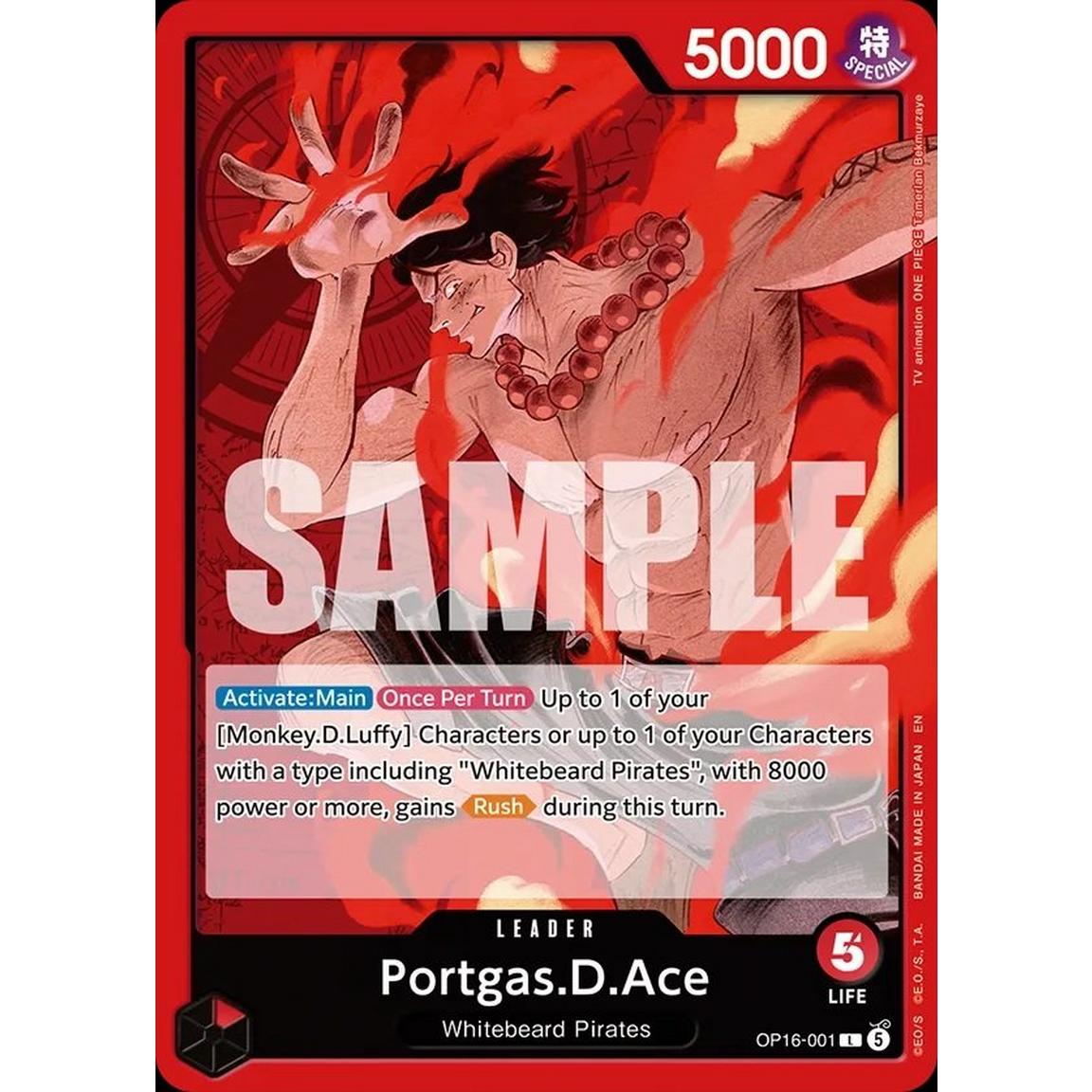 A trading card featuring anime artwork with a large white 'SAMPLE' watermark across the center. The card has a red border, the number 5000 in the top right, and the name Portgas. Buy at LFG Energy Club