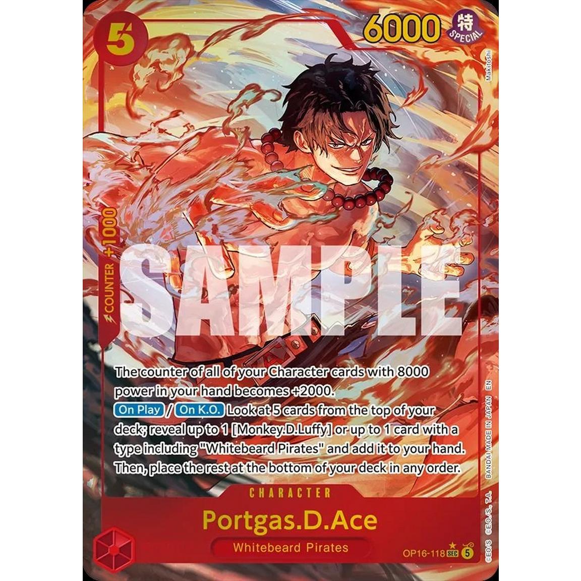Portgas D. Ace OP16-118 Secret Rare sample card from One Piece The Time of Battle