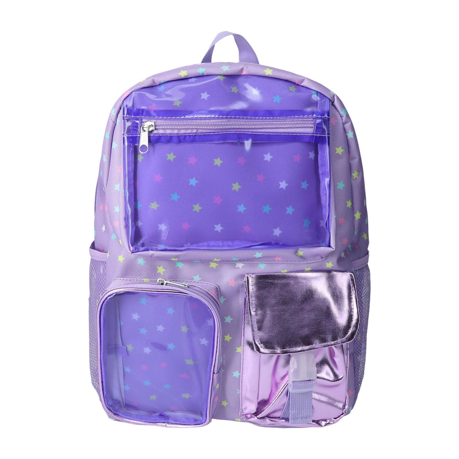 Front view of a pastel purple multi-pocket backpack with spacious zipper compartments for books and school supplies from LFG Energy Club. 