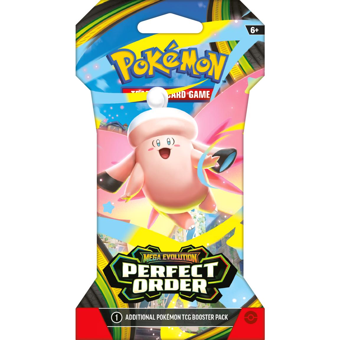 Pokémon card game booster pack with cartoon character on colorful background. Pokémon TCG Mega Evolution Perfect Order Mega Clefable Sleeved Booster Pack sold by LFG Energy Club