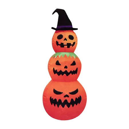 Halloween inflatable stacked pumpkin decoration featuring three orange jack-o’-lantern pumpkins and a black witch hat, available at LFG Energy Club.
