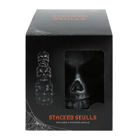 Front packaging view of the Stacked Skull 3-Pack featuring black skull Halloween decorations, available at LFG Energy Club.